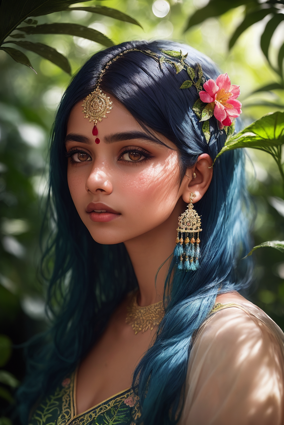 fashion photography portrait of indian girl with blue hair, in lush jungle with flowers, 3d render, cgi, symetrical, octan...